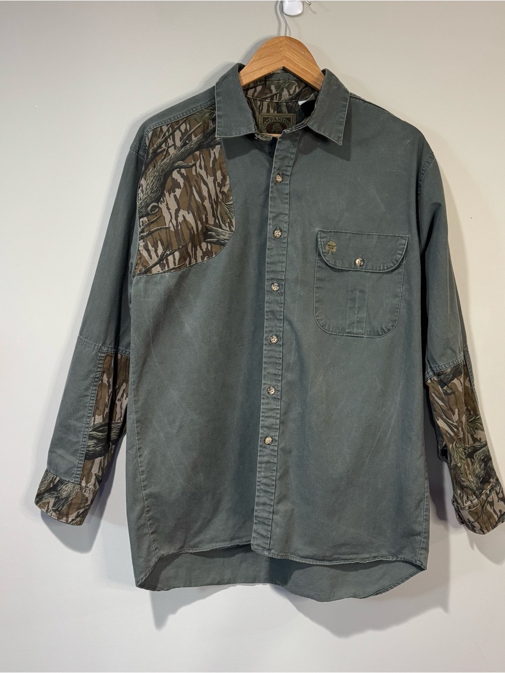 Vintage Mossy Oak Companions Green Button Up Hunting Shirt Camo Made USA Size L